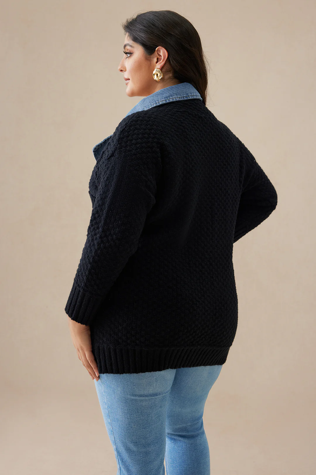 Plus Size Sweater Button Denim Patchwork Cardigan