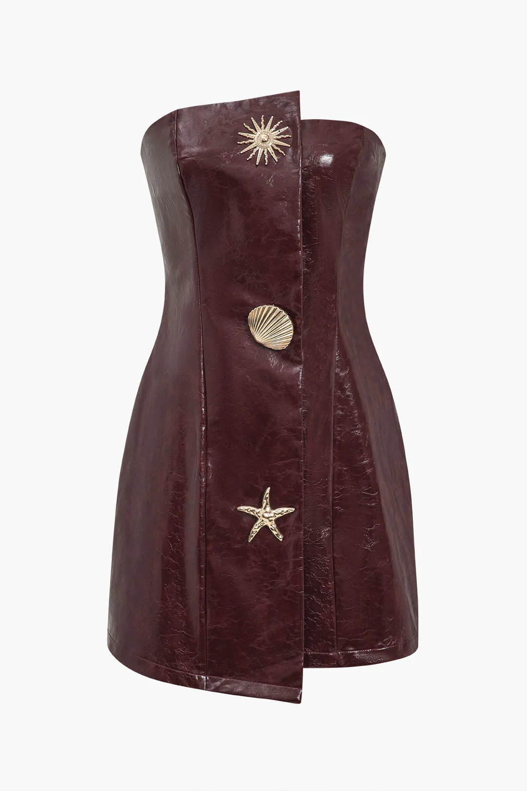 Faux Leather Strapless Mini Dress with Decorative Shells