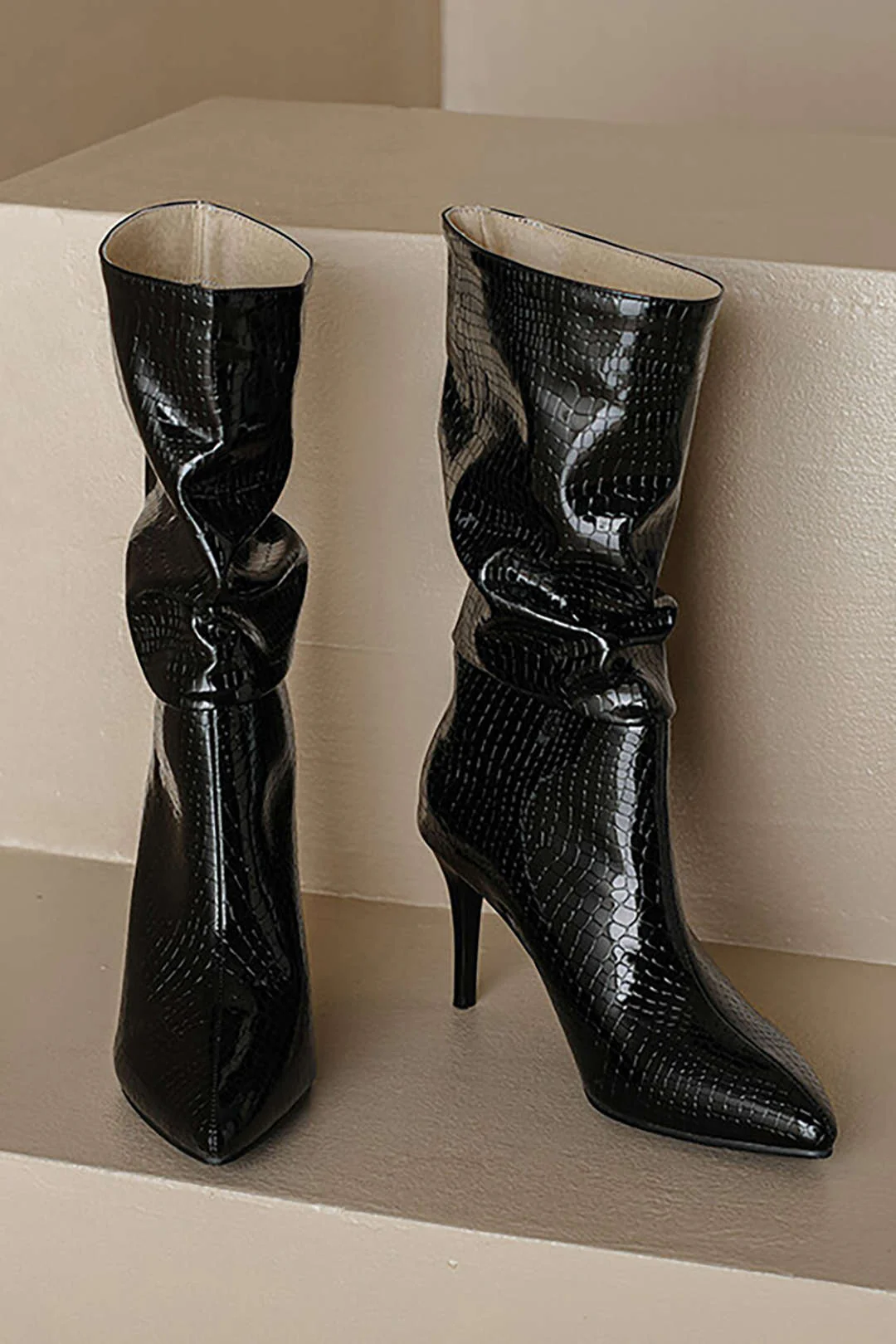 Faux Leather Pointed High Heel Ankle Boots
