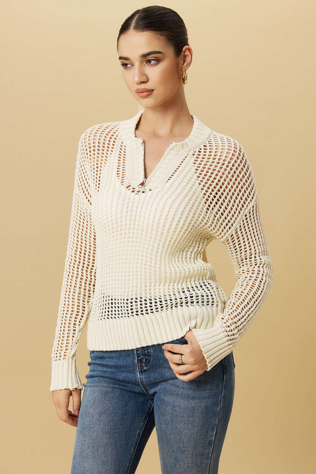 Knit Cut Out ZIpper Long-Sleeve Top