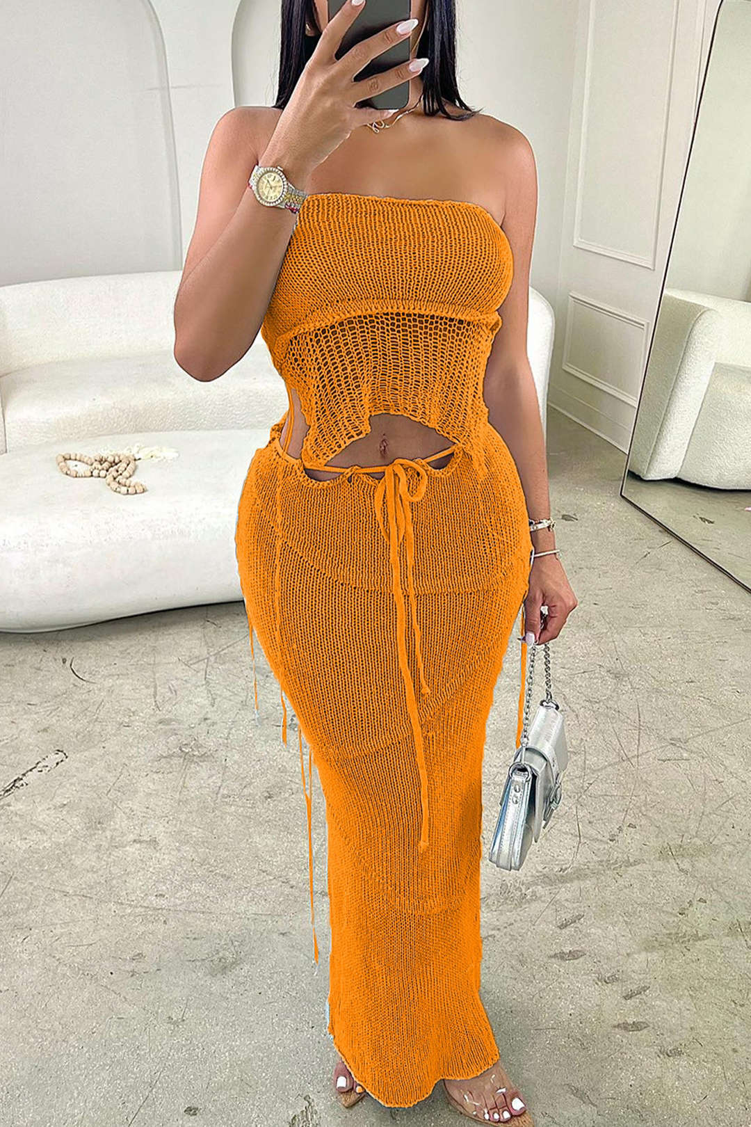 Crochet Backless Tube Top and Split Skirt Outfit Set