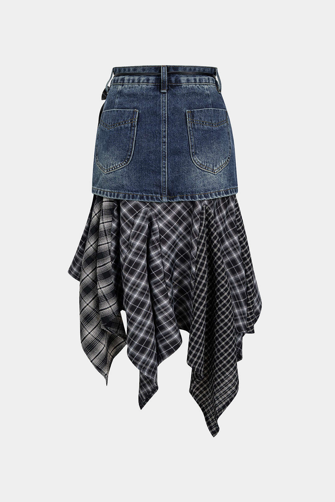 Denim Plaid Print Patchwork Asymmetrical Hem Skirt
