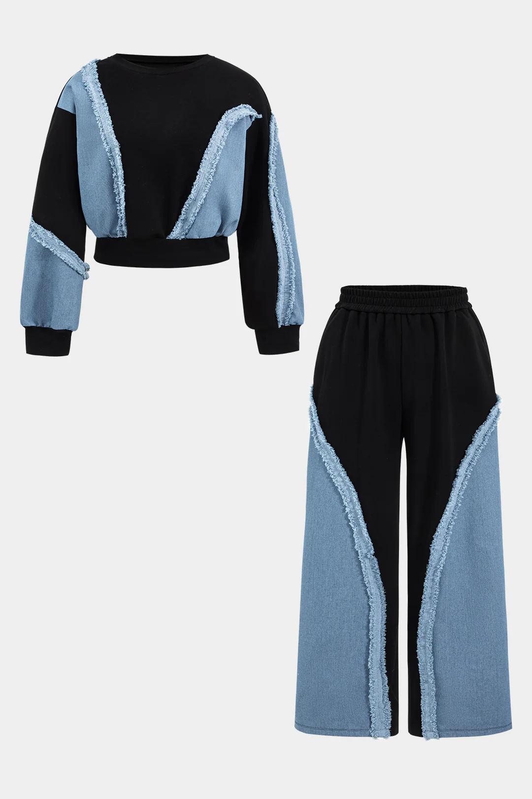 Plus Size Denim Patchwork Long-Sleeve Top And High Waist Wide Leg Trousers Set