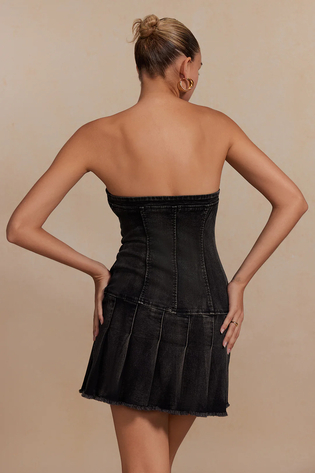 Denim Pleated Strapless Mini Dress