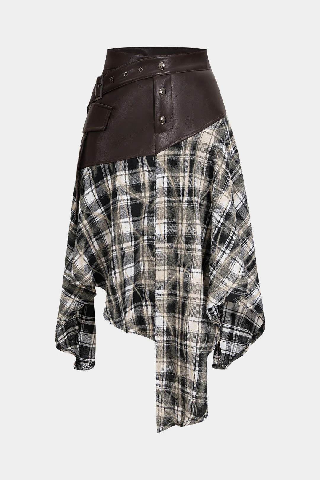 Plaid Print Faux Leather Patchwork Irregular Hem Skirt
