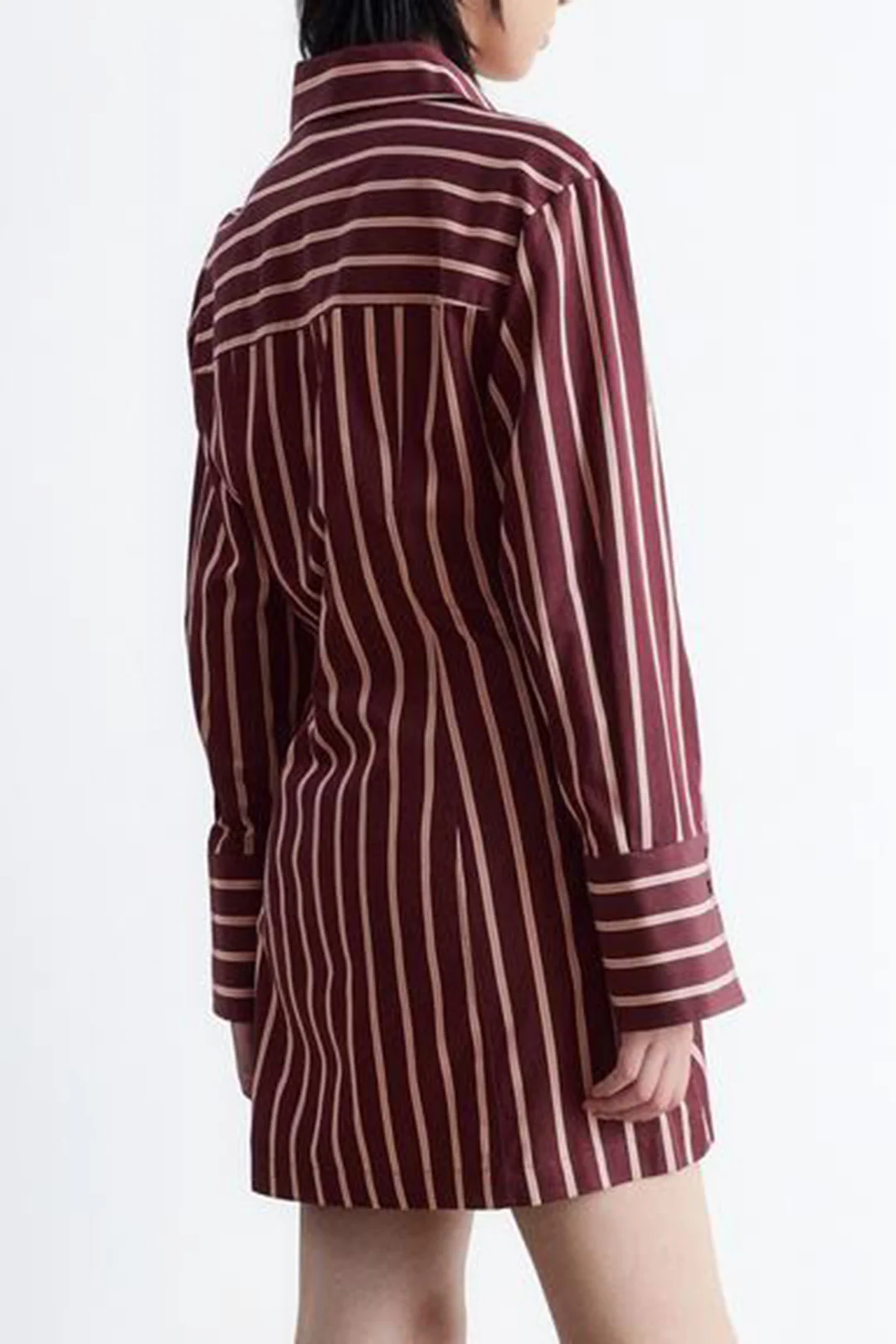 Stripes Print Button Ruched Long Sleeve Mini Dress