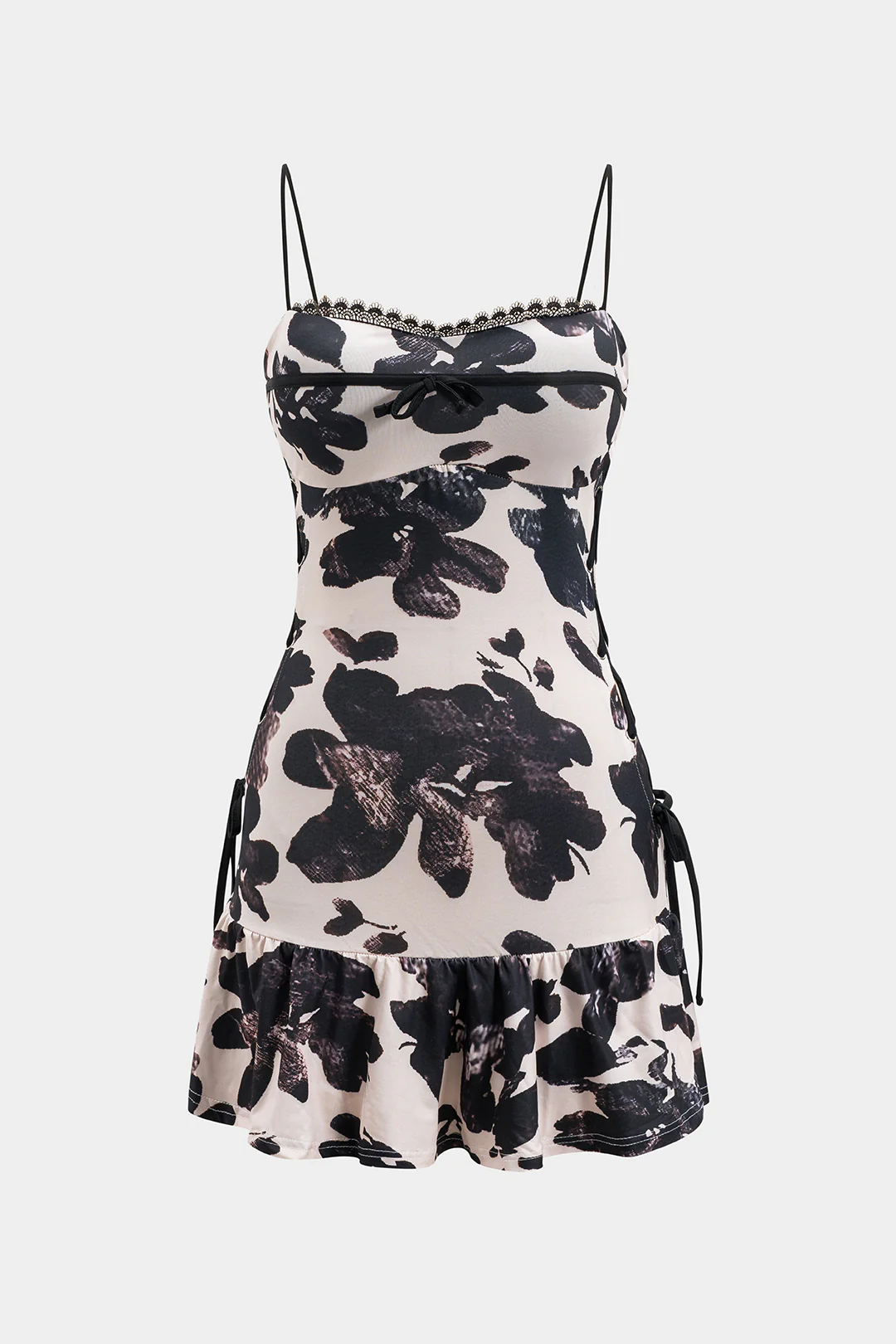 Floral Print Lace Bow Ruched Slip Mini Dress