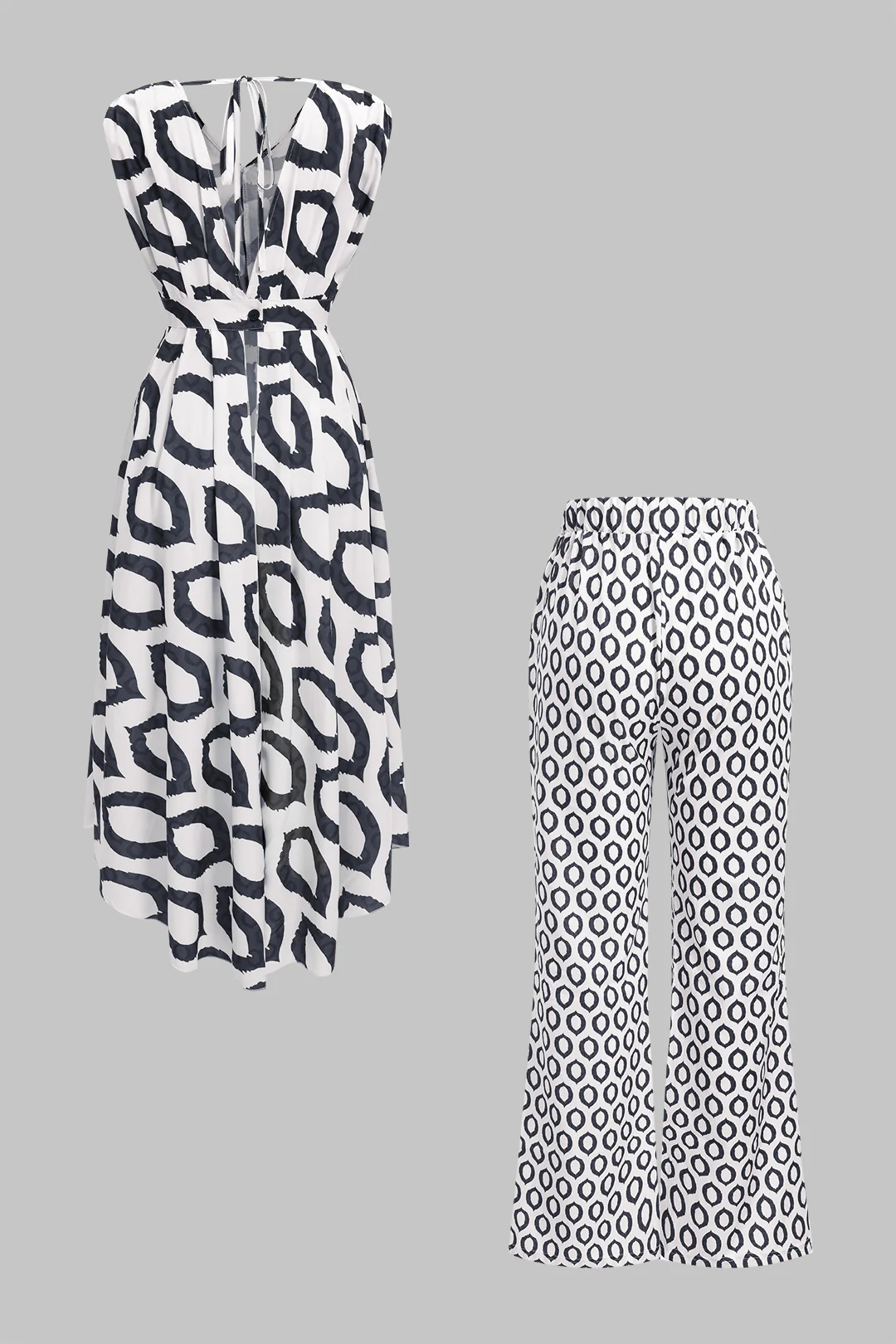 Geometric Print Tie-Up Dress Set