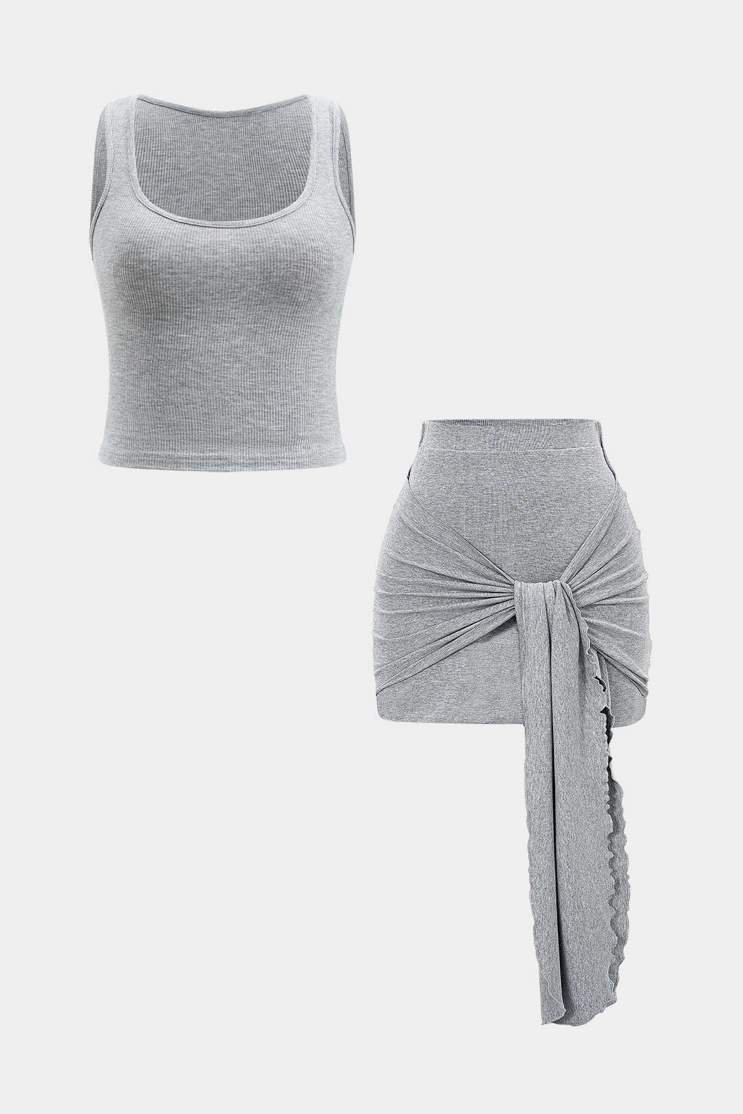 Solid Sleeveless Tank Top and Ruched Tie-Front Skirt Outfit Set