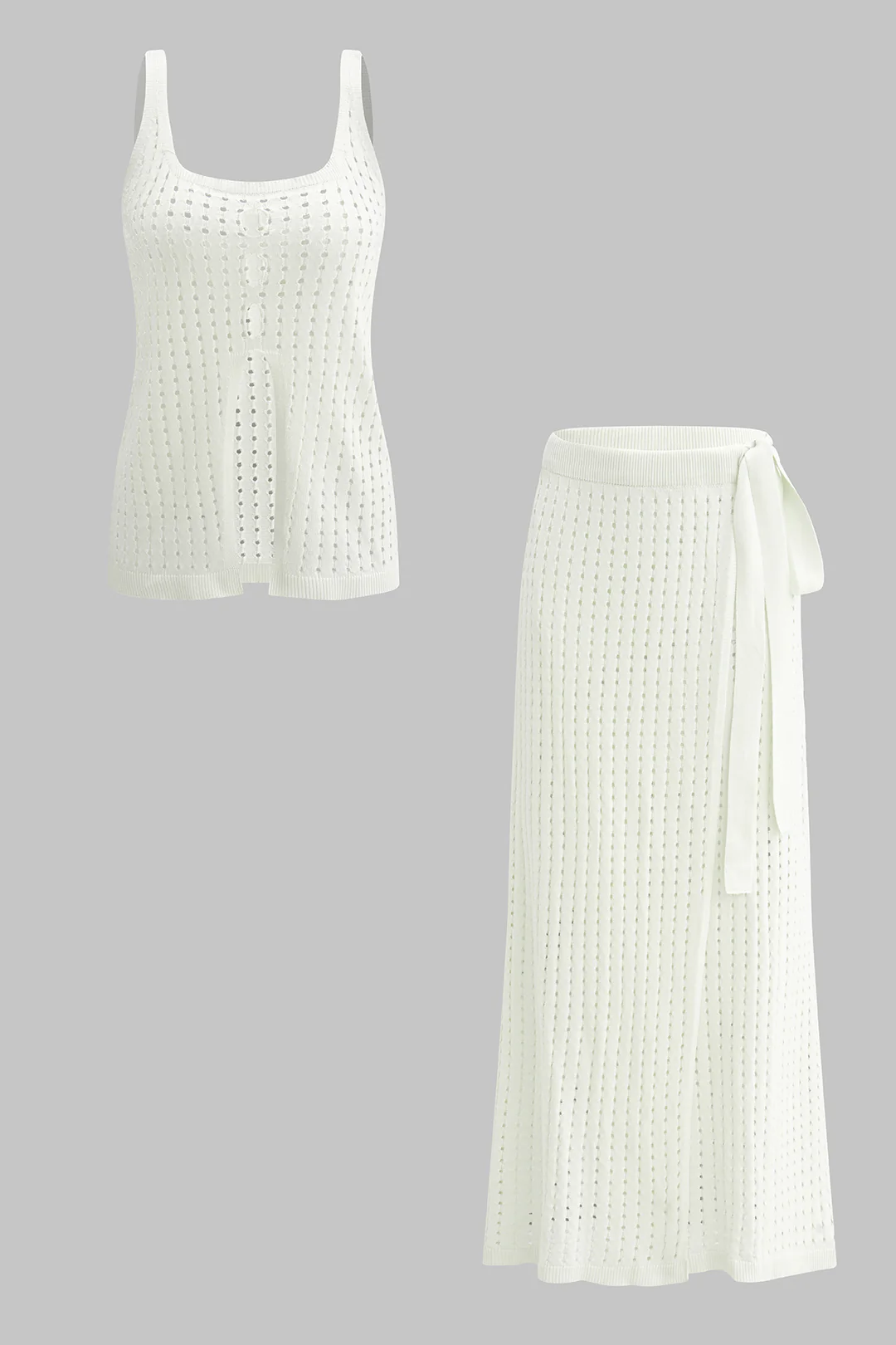 Knit Hollow-Out Tank Top and Tie-Up Skirt Set
