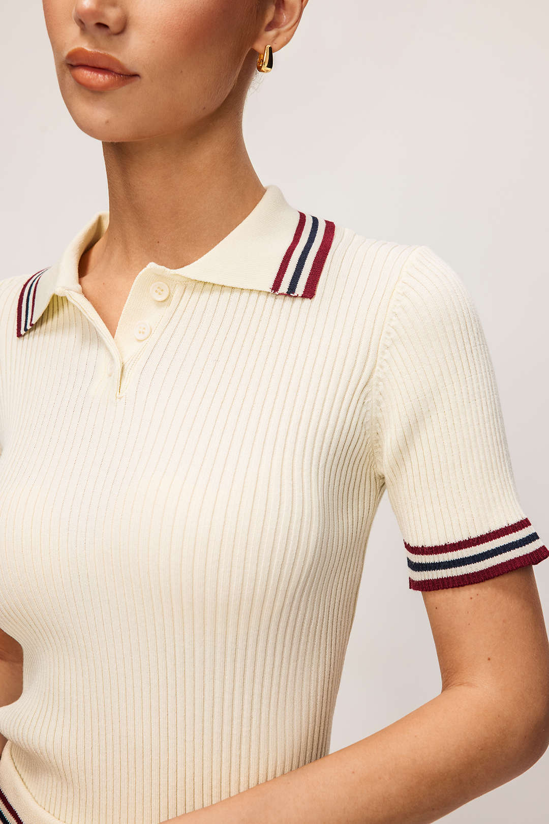 Knit Contrast Stripes Button Short-Sleeve Top And Mini Skirt Set