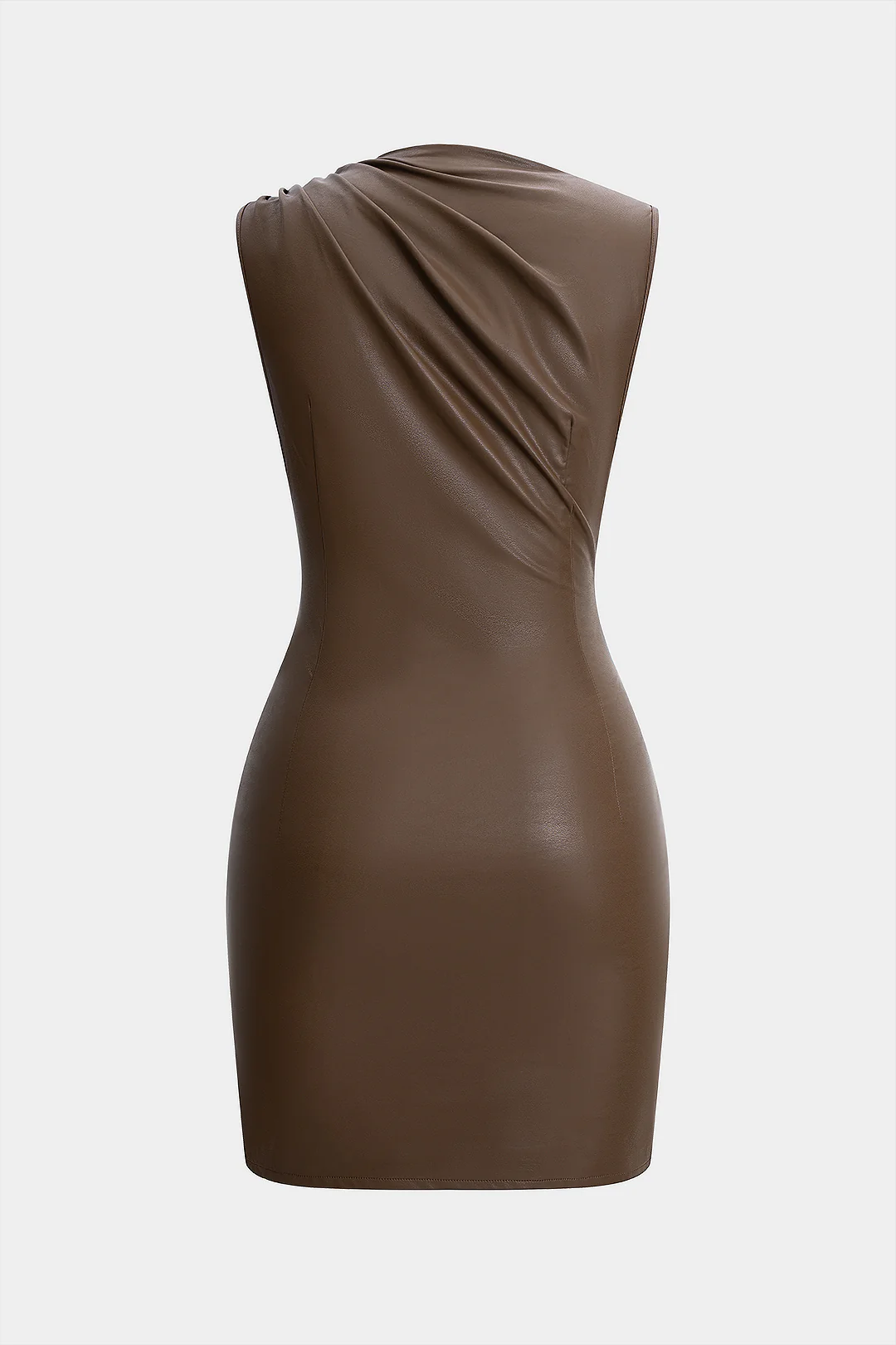 Faux Leather Asymmetrical Metallic Ruched Sleeveless Mini Dress