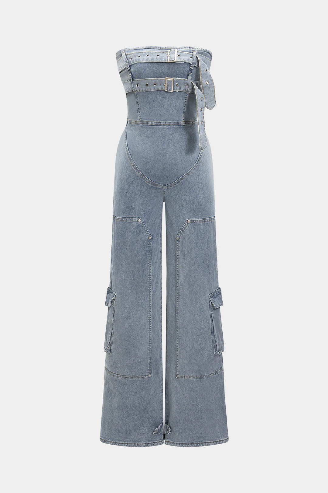 Denim Belted High-Waist Strapless Sleeveless Jumpsuit