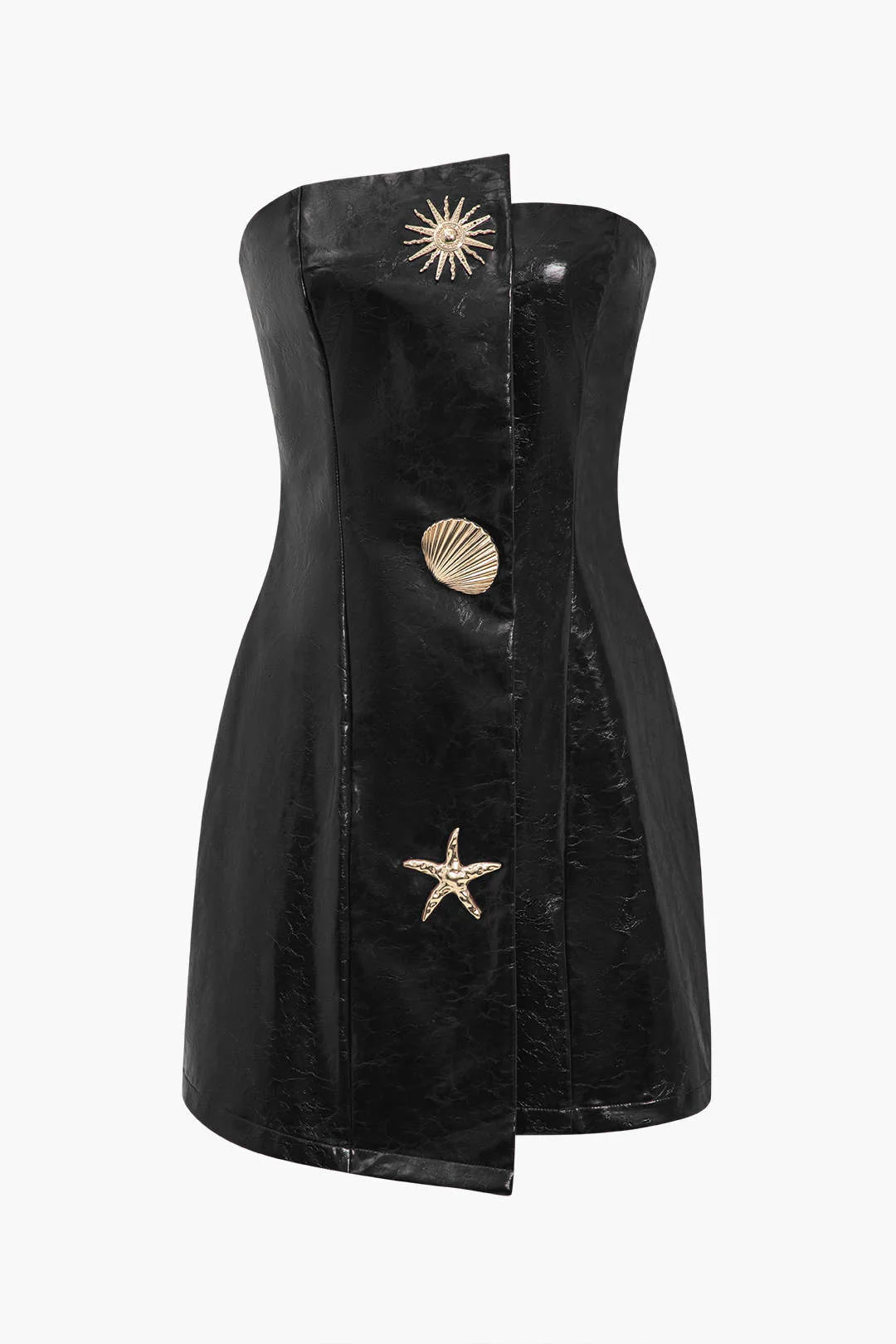 Faux Leather Strapless Mini Dress with Decorative Shells