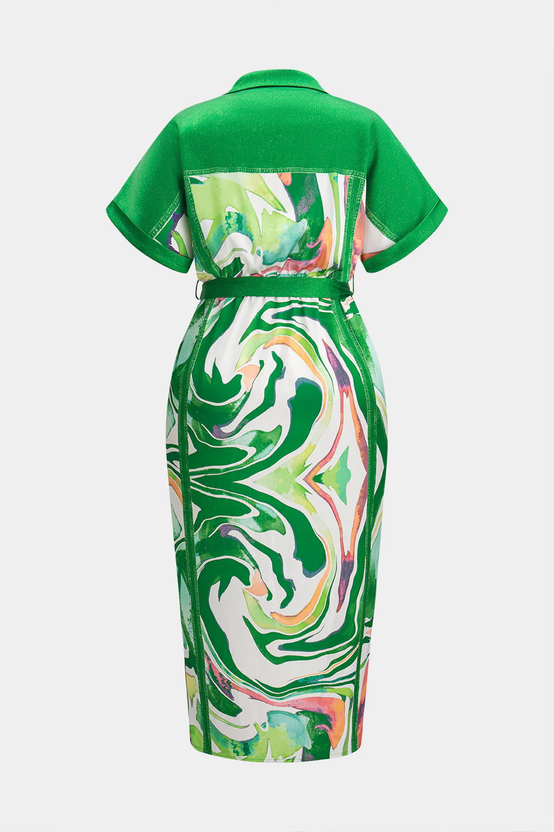 Plus Size Abstract Print Satin Tie Front Button Ruched Short Sleeve Midi Dress