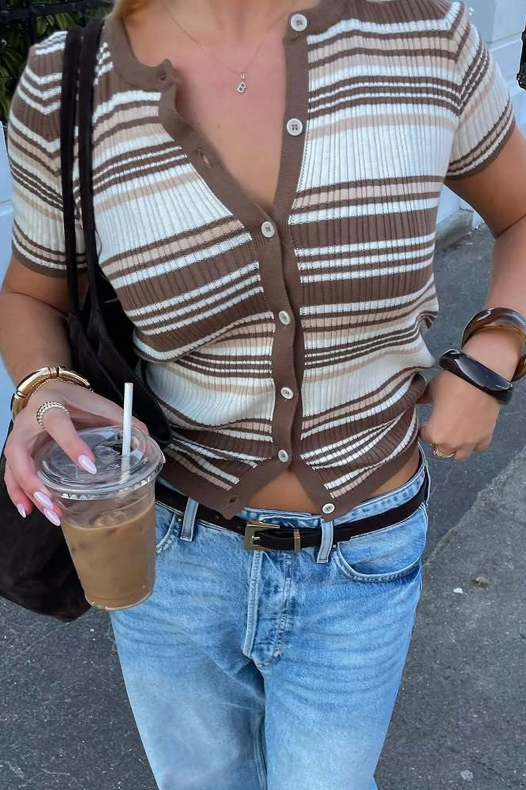 Knit Contrasting Striped Button Short-Sleeve Top