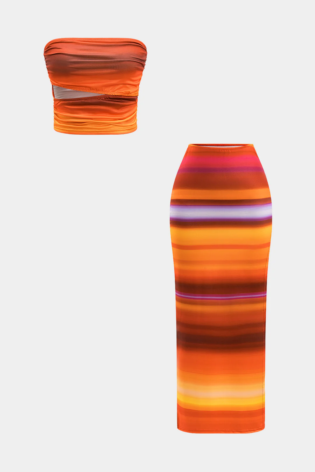 Ombre Print Ruched Cut Out Strapless Tube Top And Slit Maxi Dress