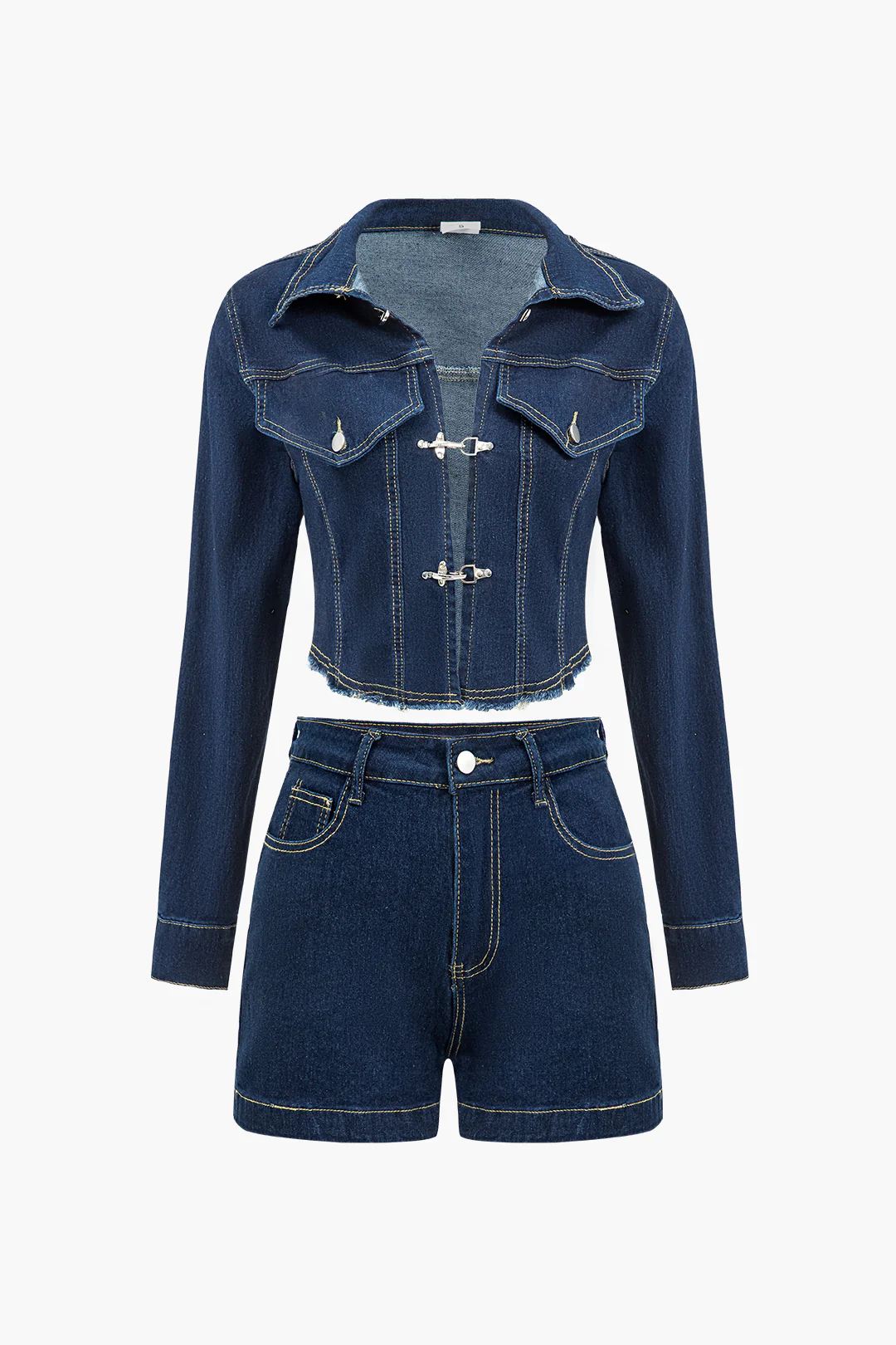Denim Toggle Button Cropped Jacket and High-Waist Shorts Set