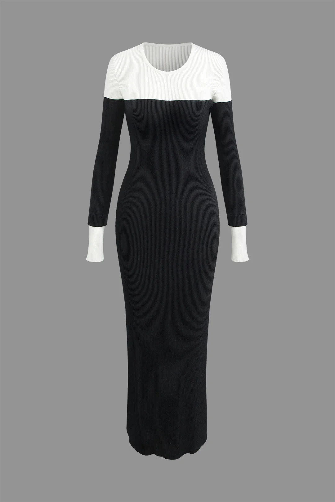 Color Block Round Neck Long Sleeve Knit Slit Maxi Dress