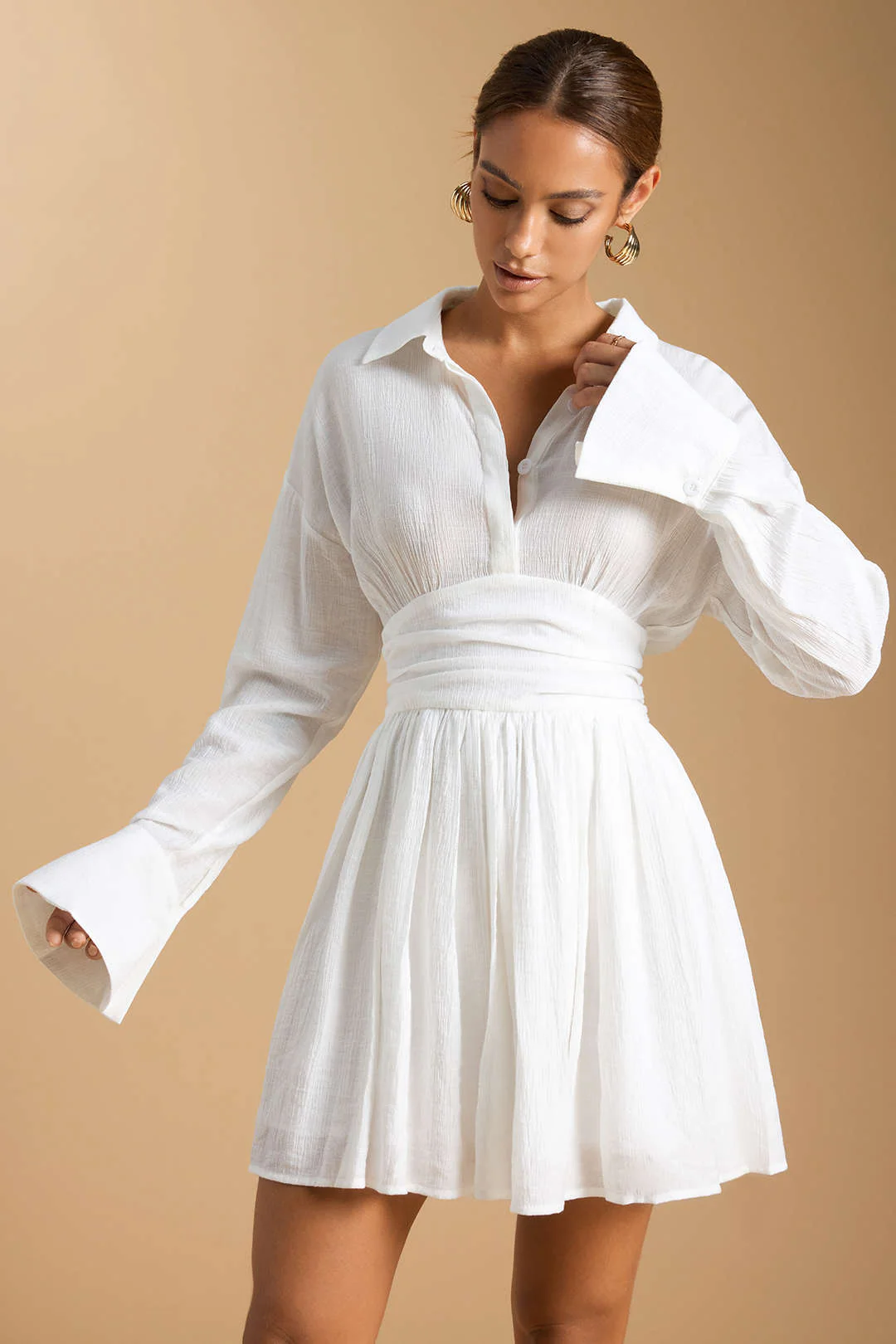 Button-Ruched Long-Sleeve Mini Dress