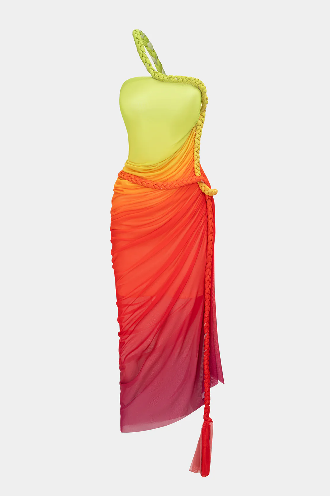 Ombre Print Mesh Braided Slit Sleeveless Midi Dress