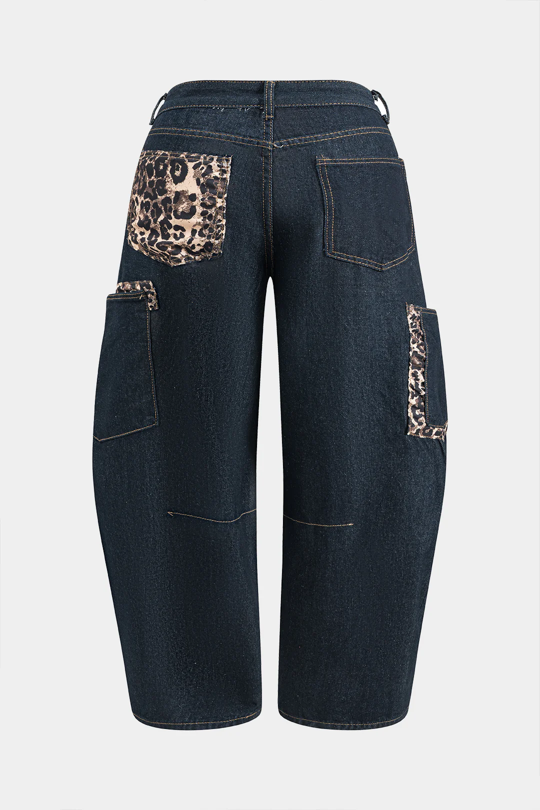 Plus Size Leopard Print Denim Patchwork Button Pocket Wide Leg Barrel Jeans