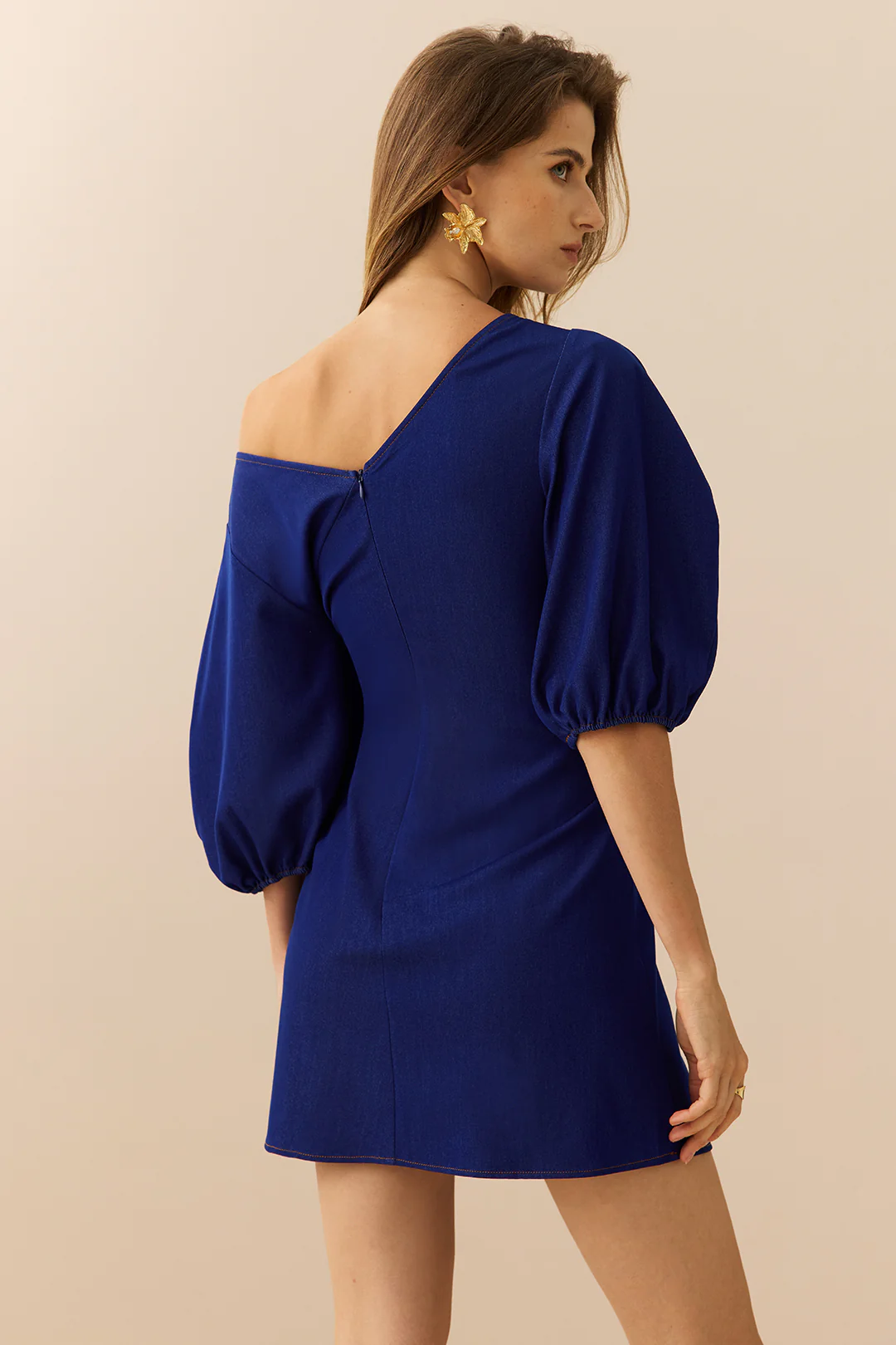 Denim Metallic Ruched Puff Short-Sleeve Mini Dress