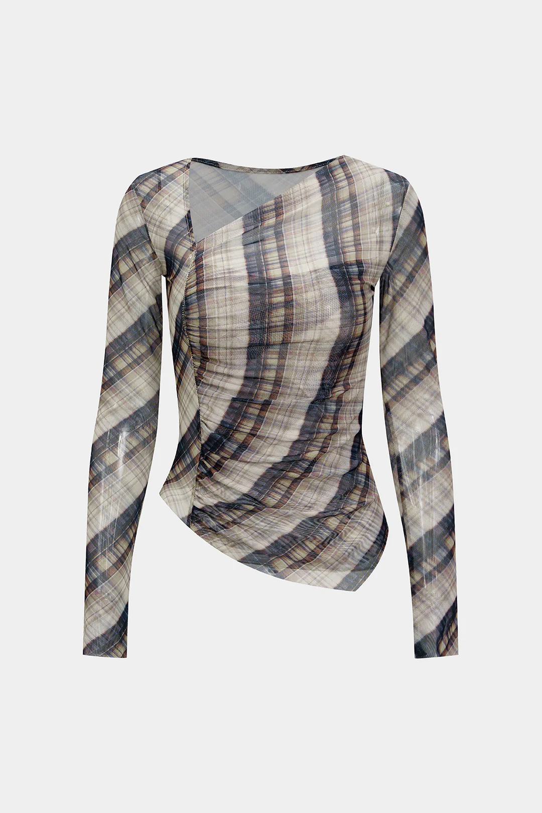 Plaid Print Mesh Ruched Long-Sleeve Top