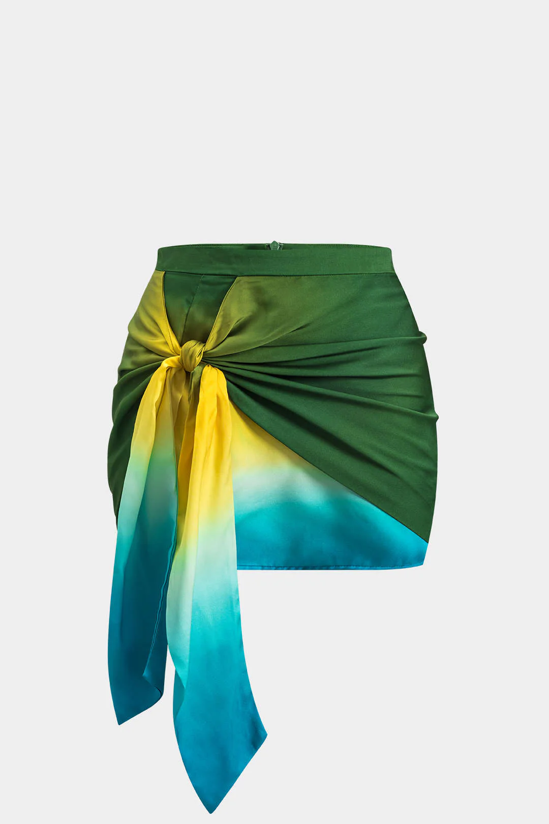 Plus Size Ombre Print Satin Ruched Tie-Knot Zippered Skirt