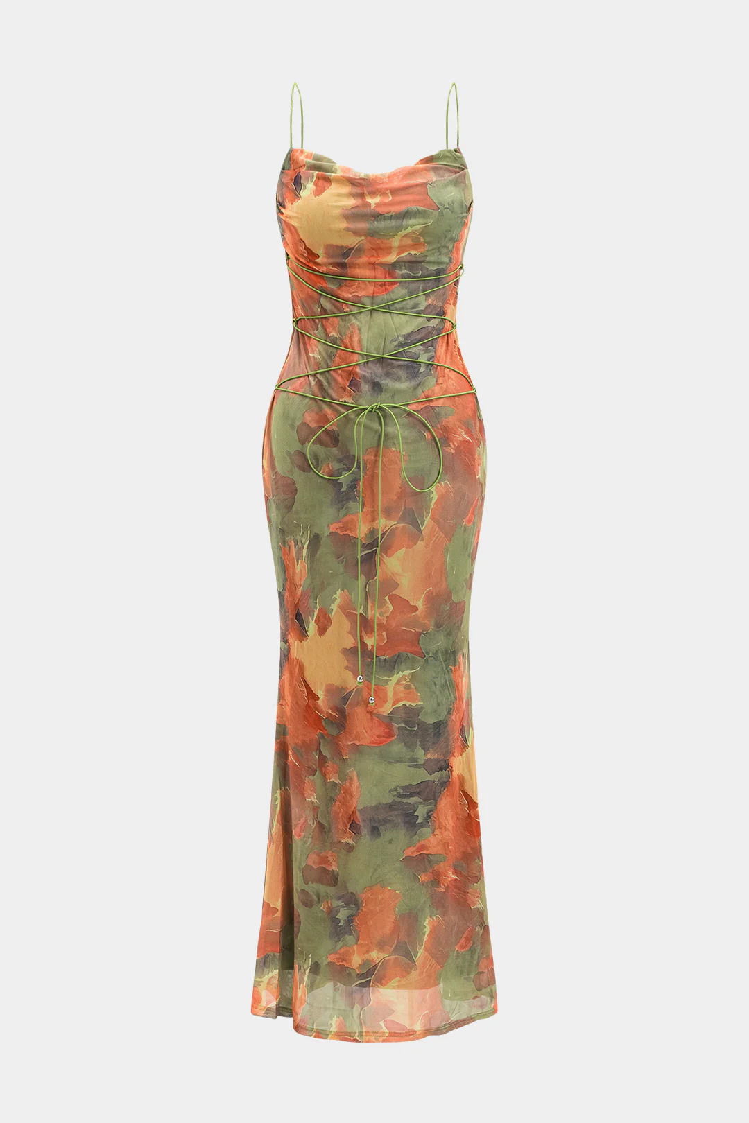 Tie-Dye Printed Ruched Tie-Front Zipper Maxi Slip Dress