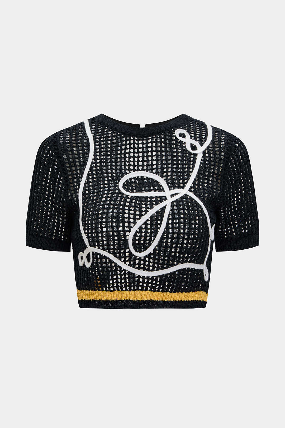Knit 3D Embroidery Print Contrast Tie-Back Short-Sleeve Top