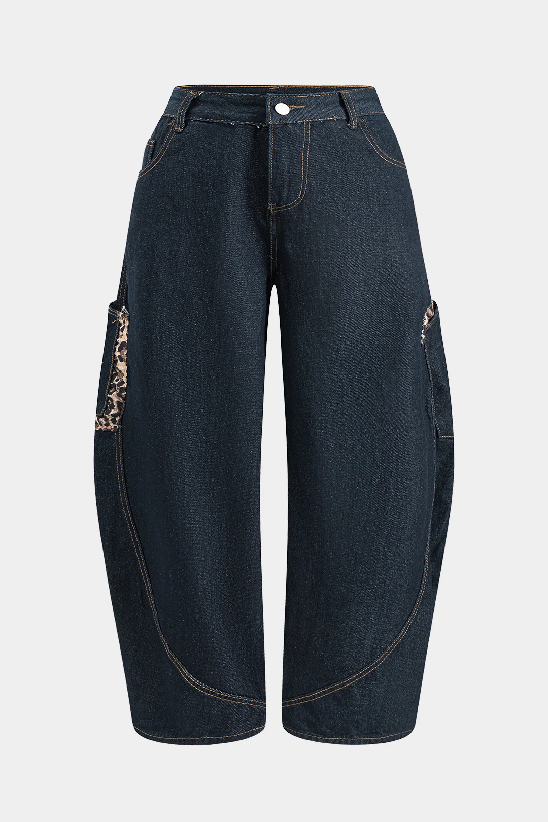 Plus Size Leopard Print Denim Patchwork Button Pocket Wide Leg Barrel Jeans