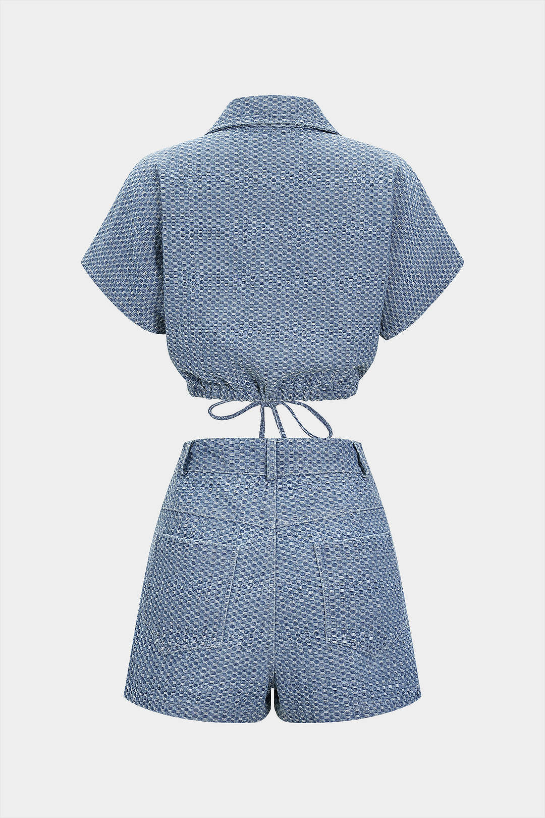 Denim Button Tie-Up Short-Sleeve Shirt And Drawstring Shorts Set