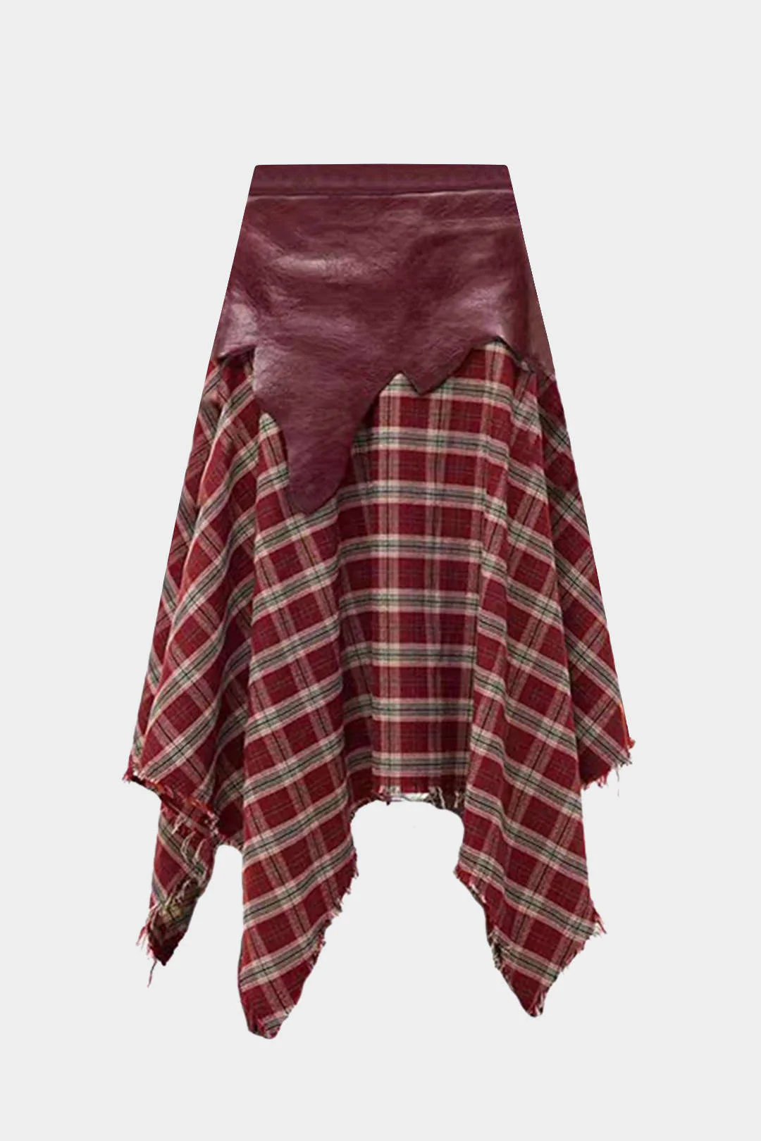 Plaid Print Faux Leather Patchwork Irrgular Hem Asymmetrical Skirt