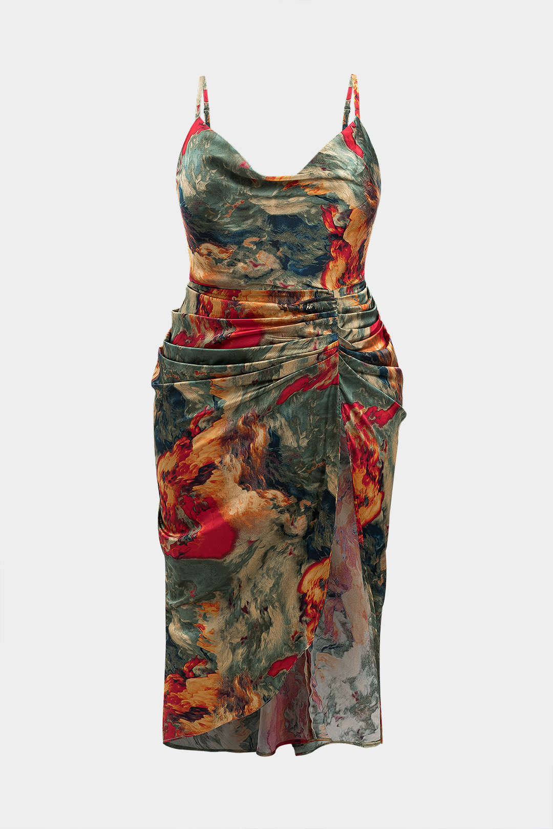 Plus Size Abstract Print Satin Zipper Cowl Neck Sleeveless Midi Dress