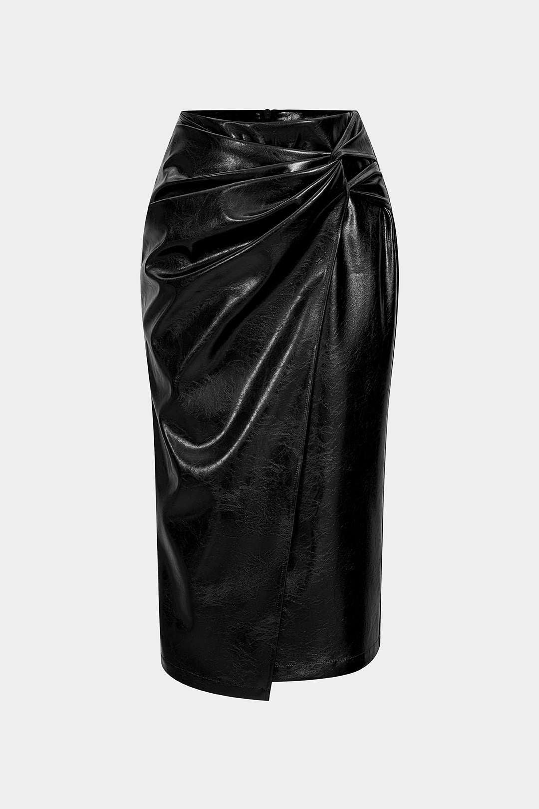 Faux Leather High Waist Ruched Asymmetrical Skirt