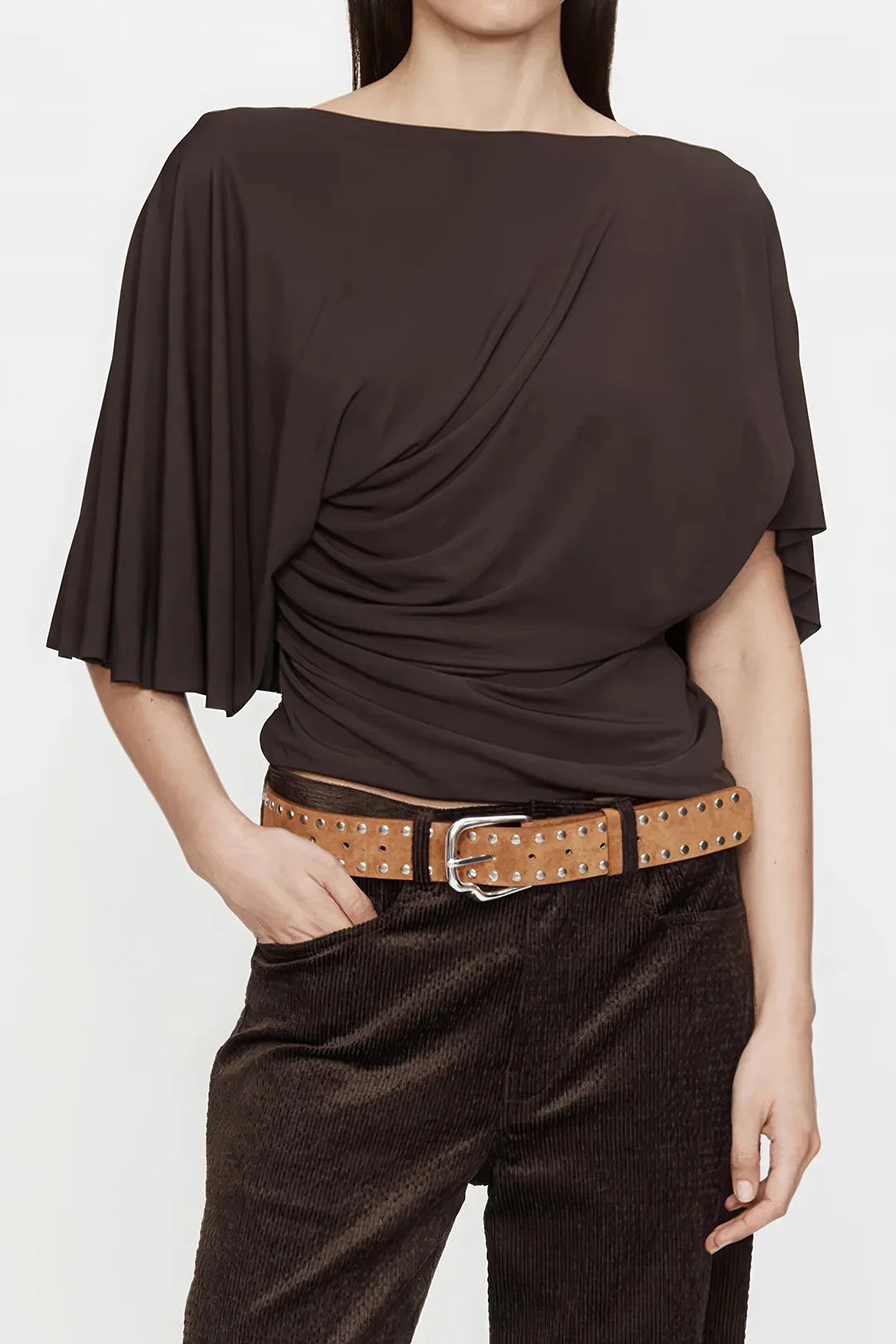 Ruched Asymmetric Backless Short-Sleeved Top