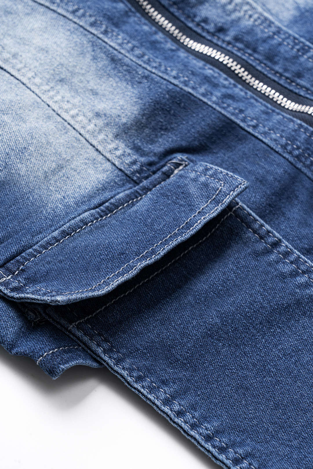 Denim Ruched Flap Pocket Zipper Top And Button Wide Leg Jeans Set