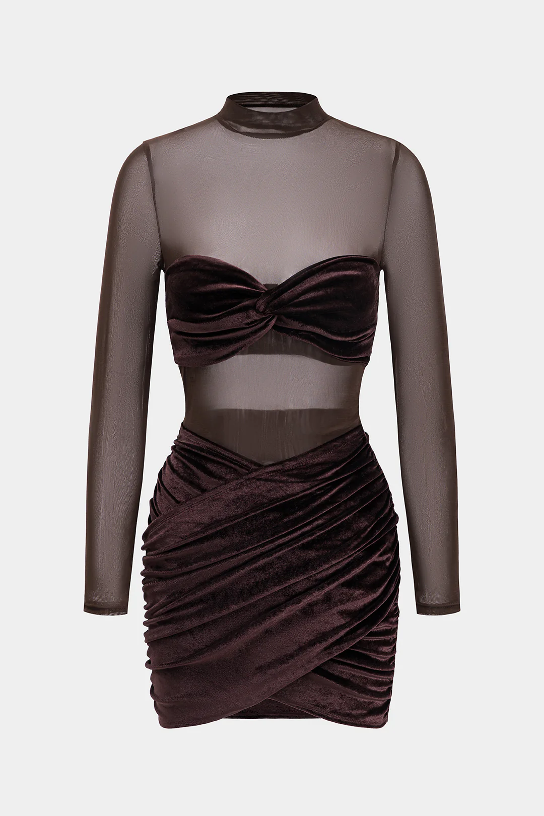 Mesh Patchwork Ruched Long Sleeve Mini Dress