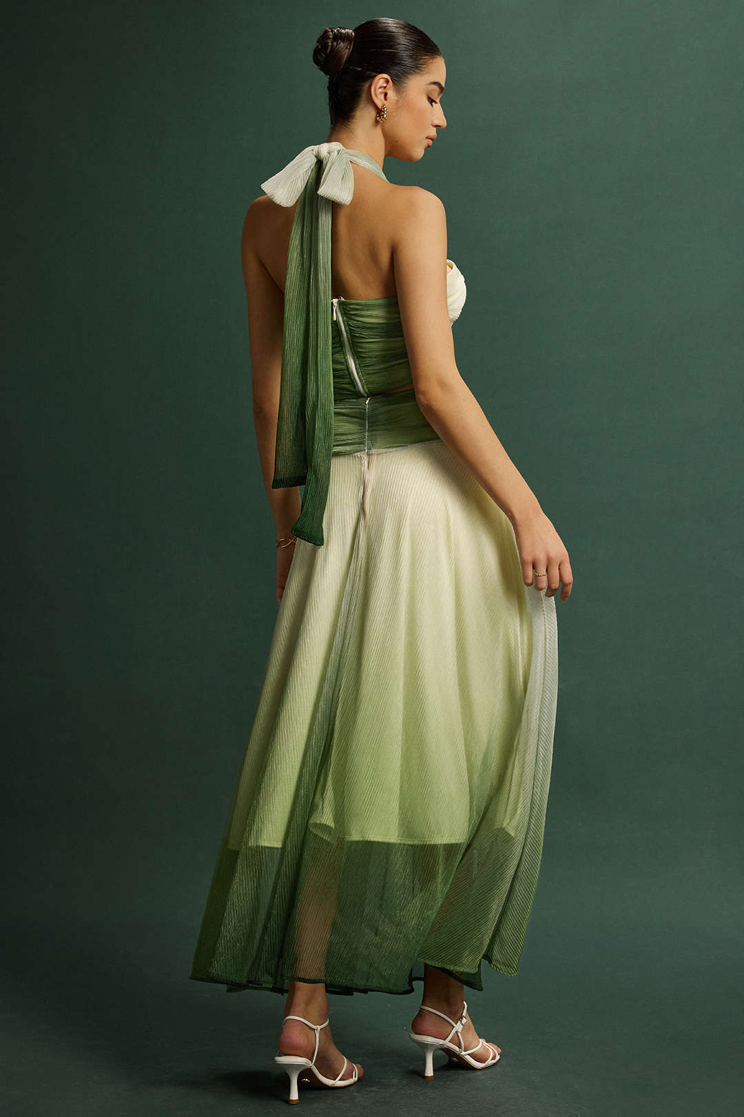 Watercolor Halter Neck Tie-Back Backless Camisole and Ruched Skirt Set