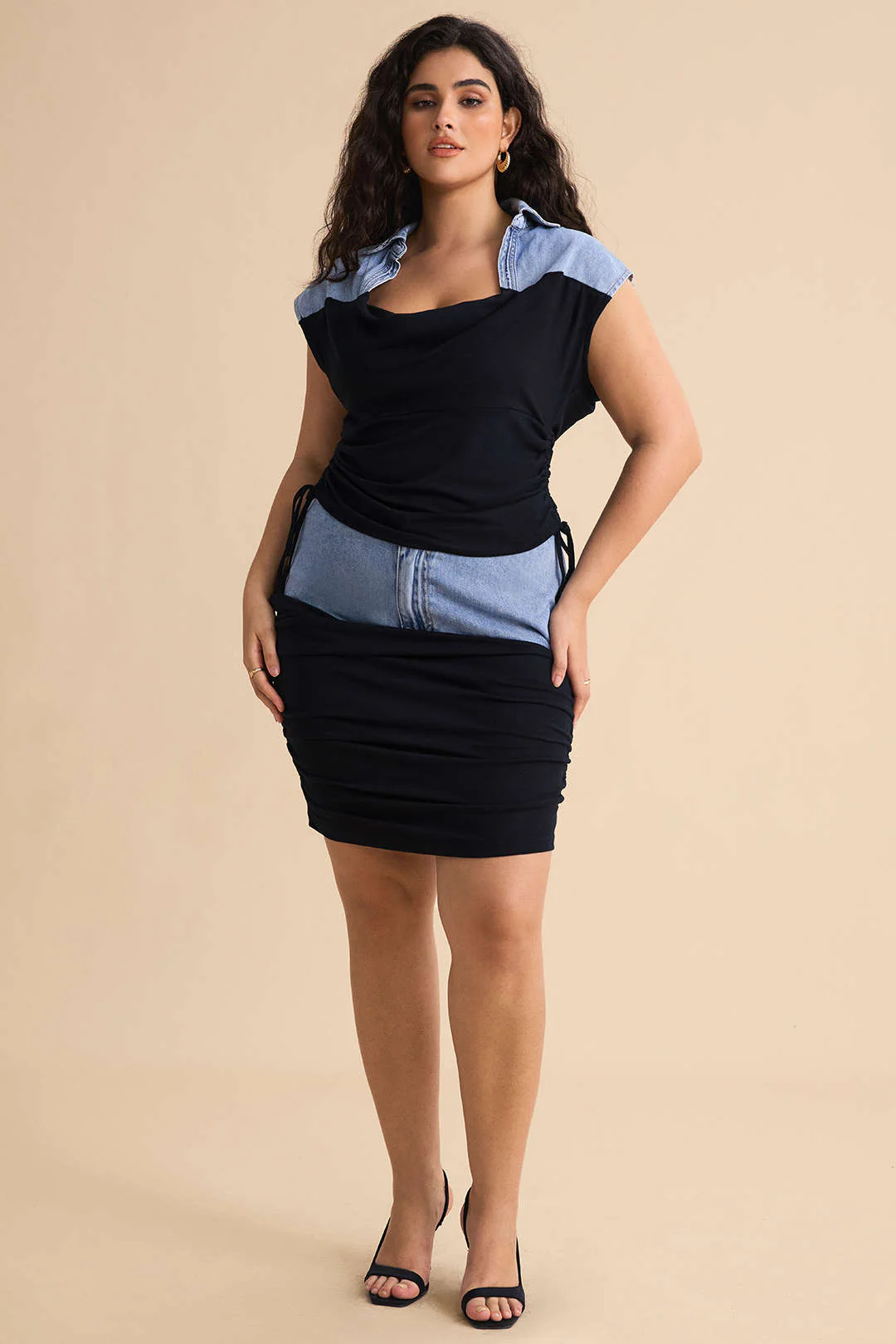 Plus Size Denim Drawstring Patchwork Crop Top