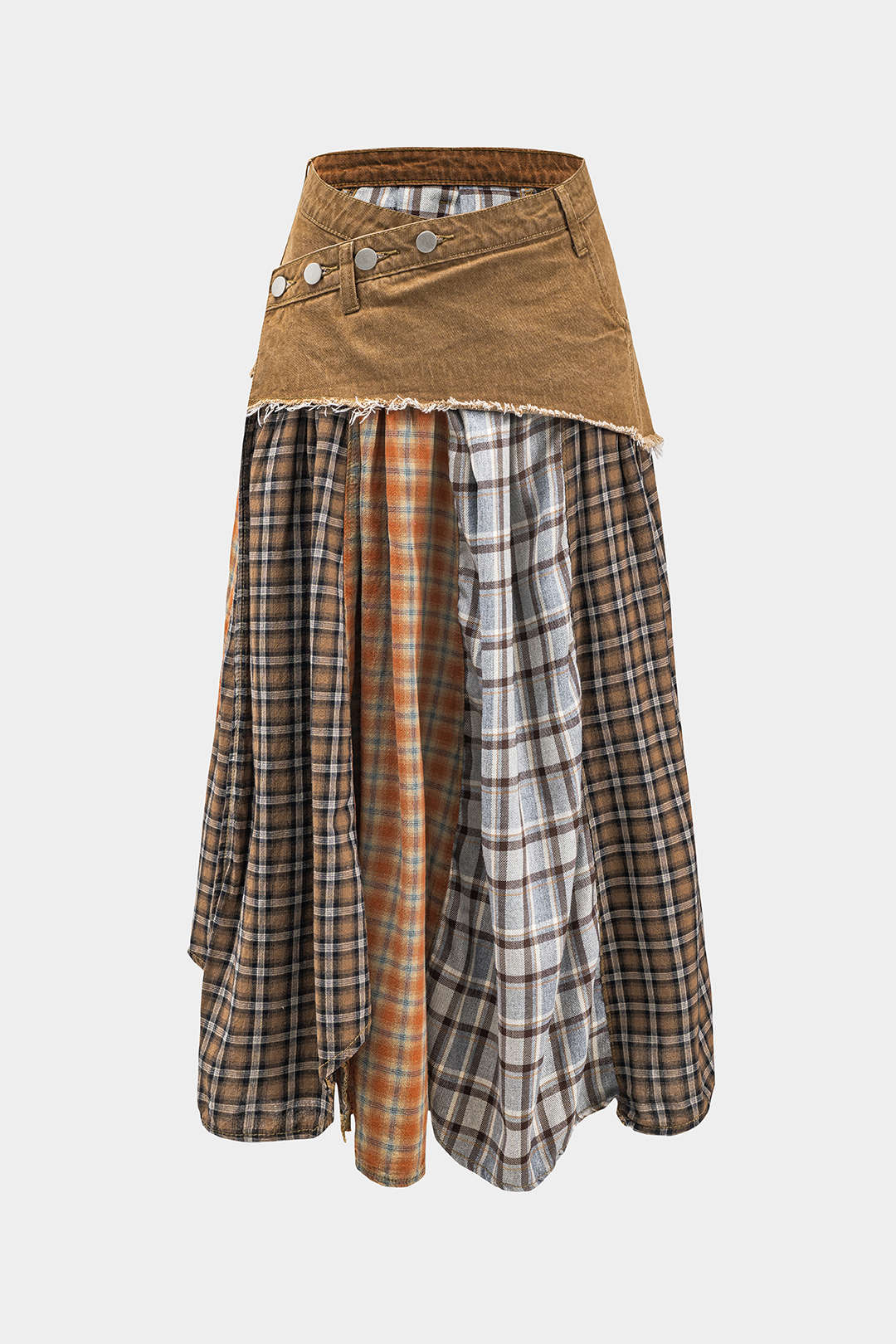 Color Block Plaid Print Denim Patchwork Asymmetrical Skirt