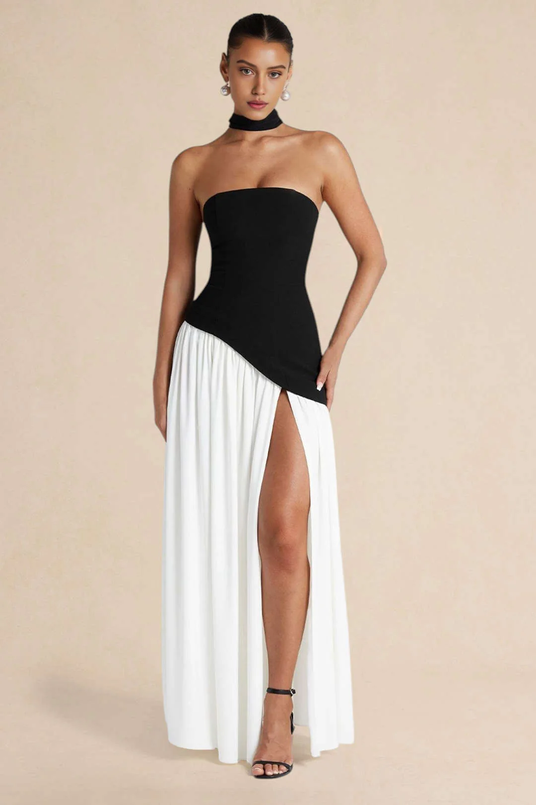Contrast Satin Ruched Slit Strapless Maxi Dress