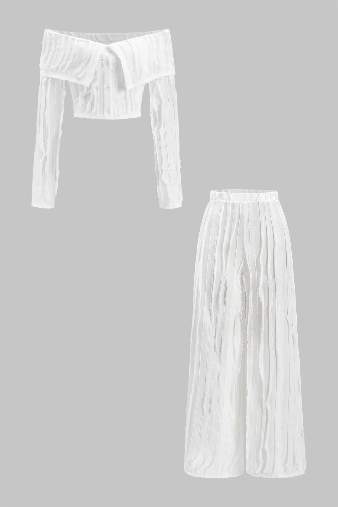 Ruffled Off-Shoulder Long Sleeve Top and Wide-Leg Trousers Set