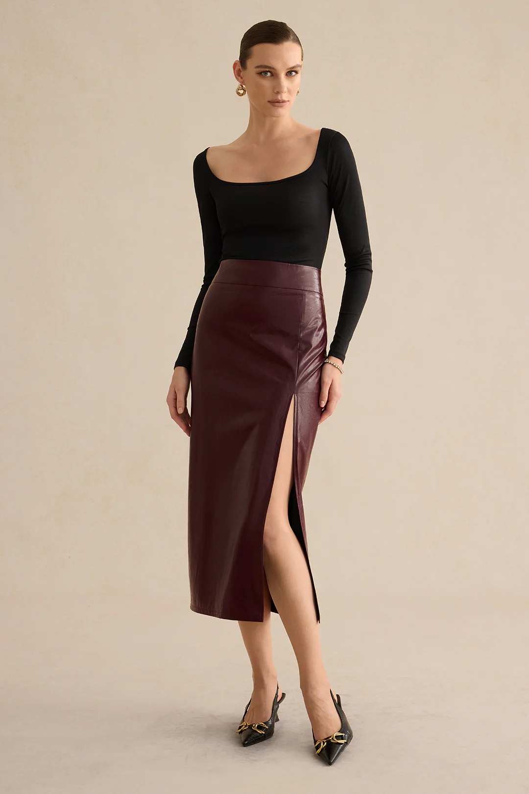 Faux Leather Side-Slit Skirt