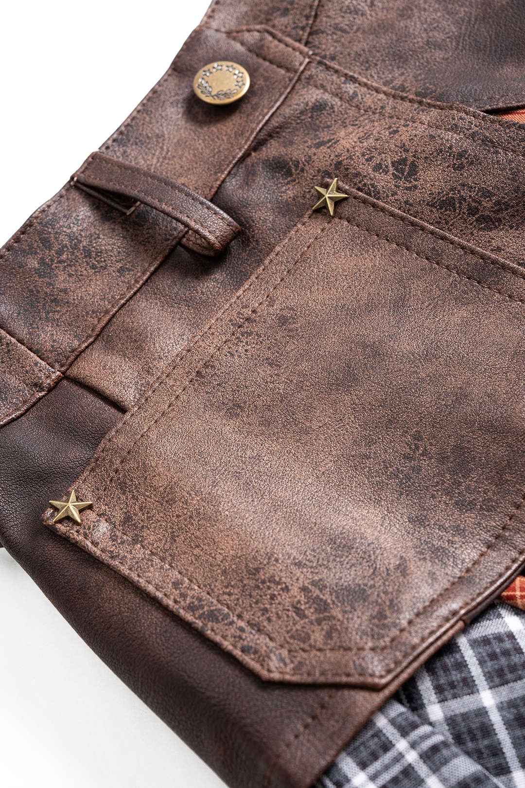 Plaid Contrast Print Faux Leather Patchwork Asymmetrical Hem Skirt