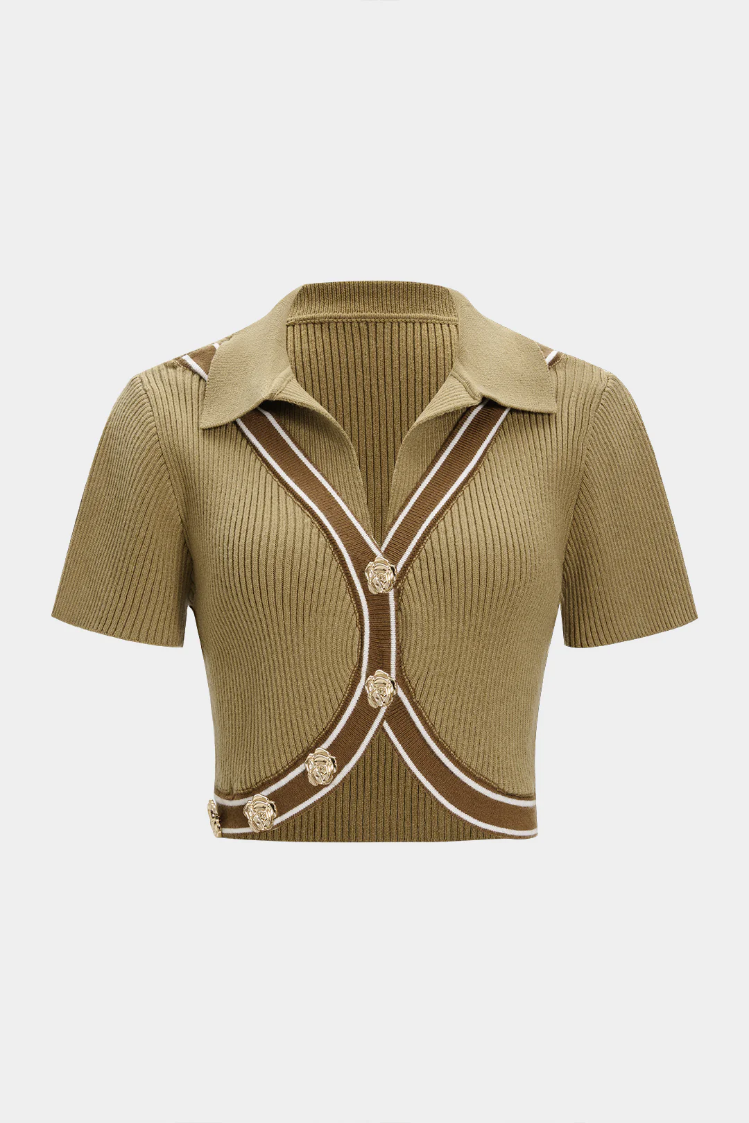 Knit Contrast Asymmetrical Metallic Button Short-Sleeve Top