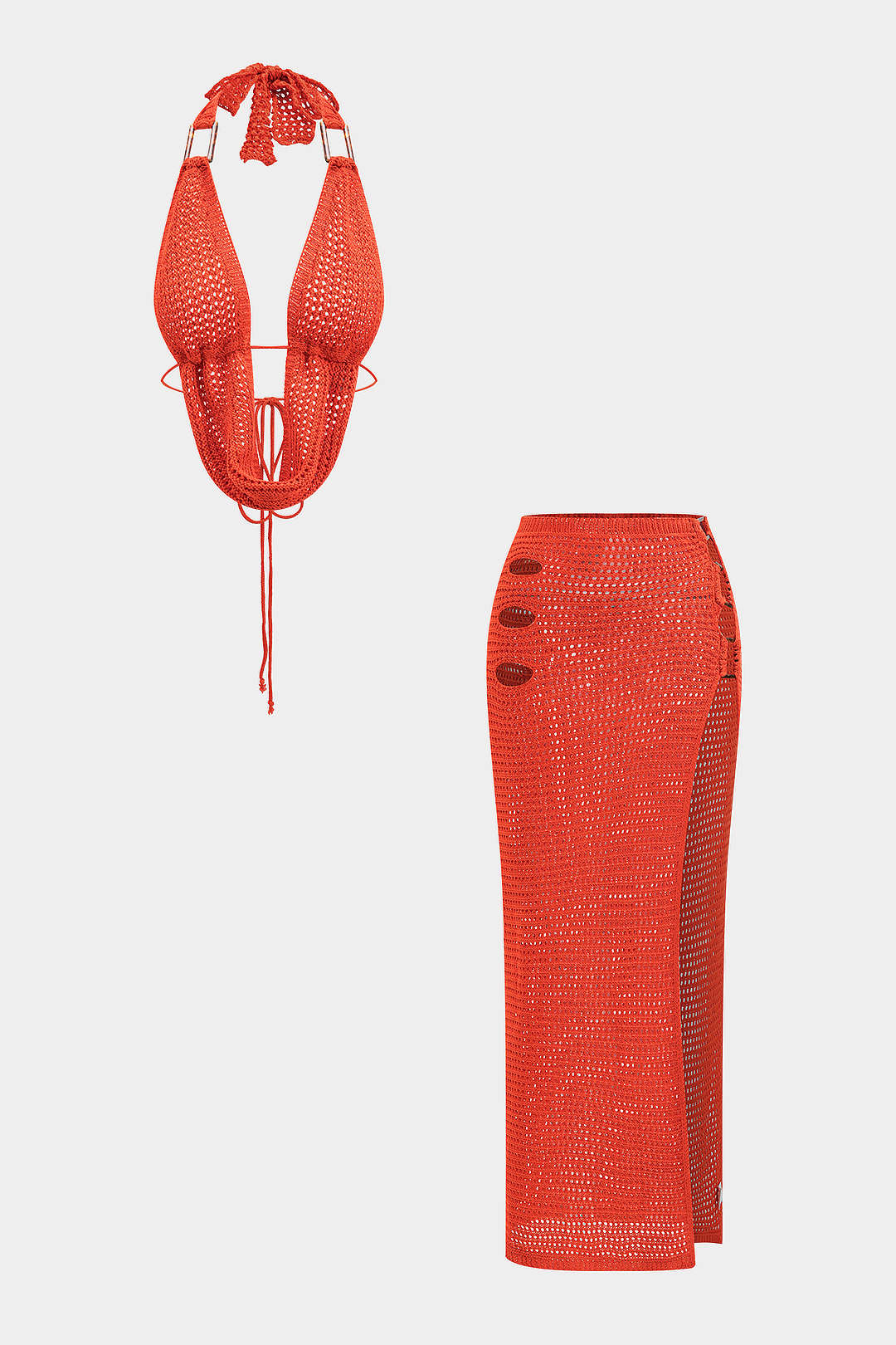 Knit Backless Tie Back Halter Top And High Slit Skirt Set