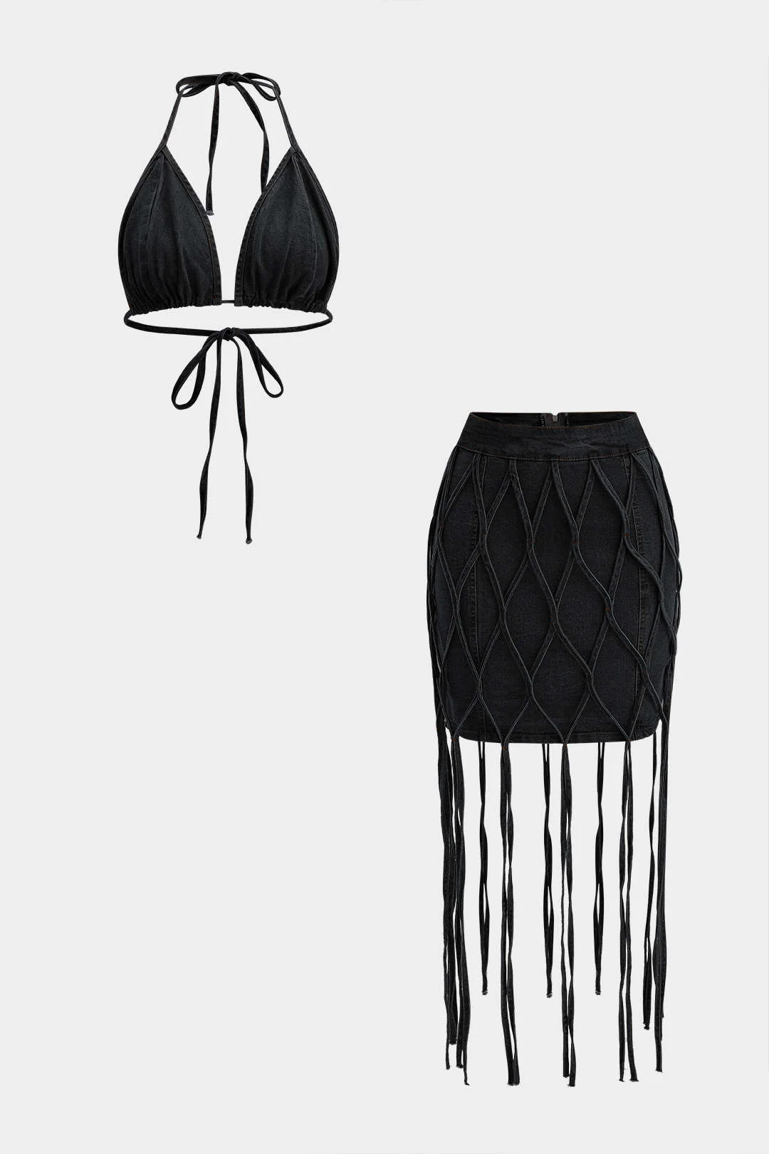 Denim Bra Top And Tie-Up Skirt Set