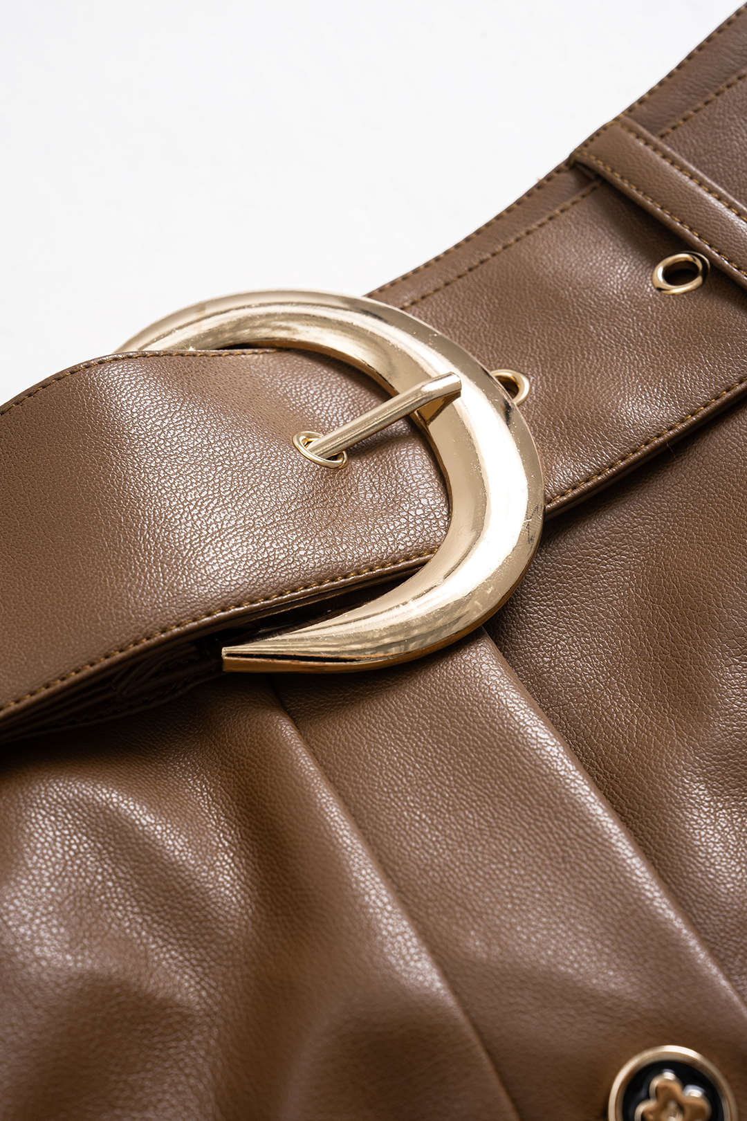Faux Leather Metallic Button Belted Skirt